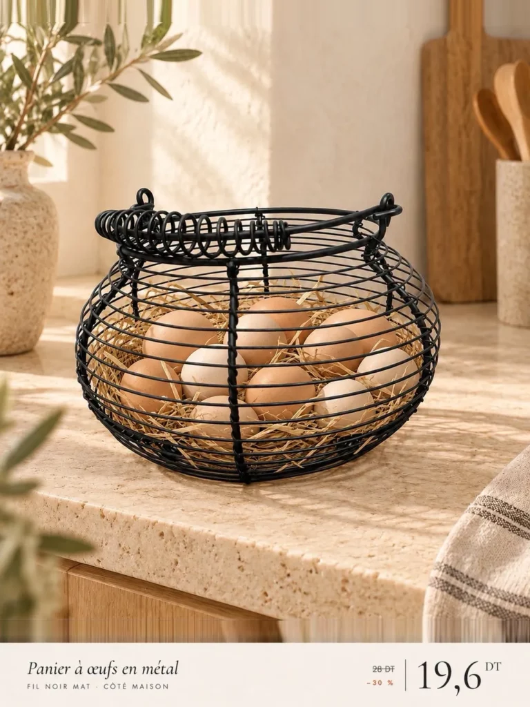 Panier à œufs en métal noir garni de paille, sur un plan en travertin beige.