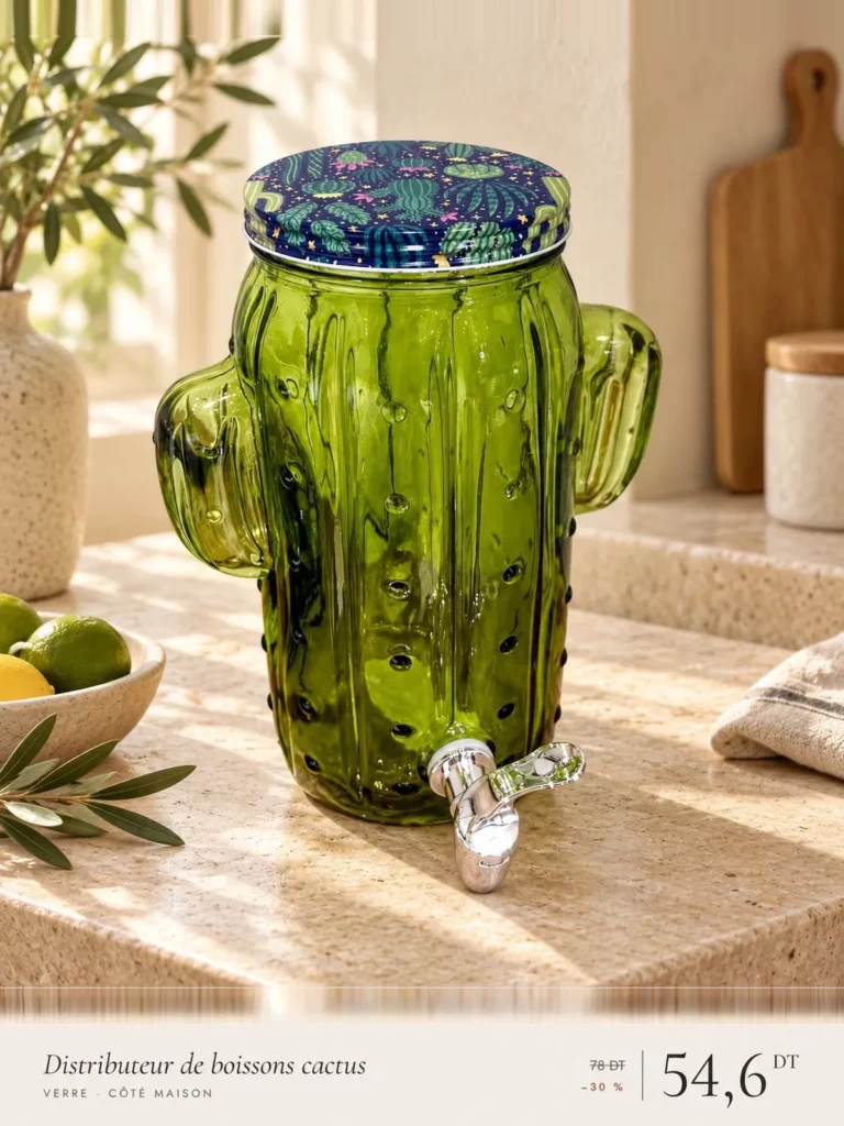 Distributeur de boissons cactus en verre vert, avec couvercle bleu et robinet argenté.