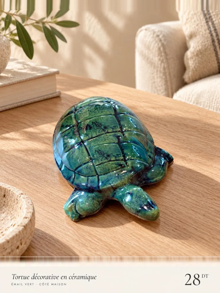 Tortue en céramique émaillée verte, posée sur une table en chêne clair.