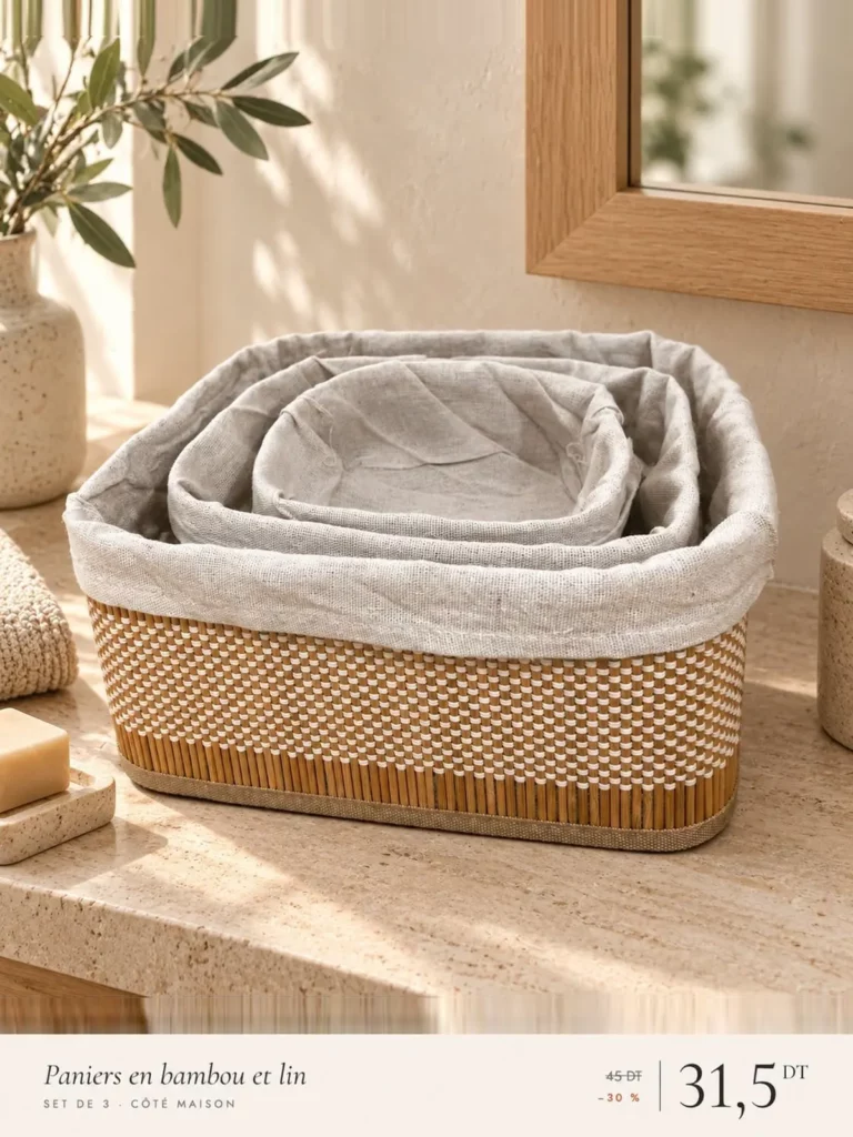 Trois paniers en bambou naturel doublés de lin gris clair, sur du travertin beige.