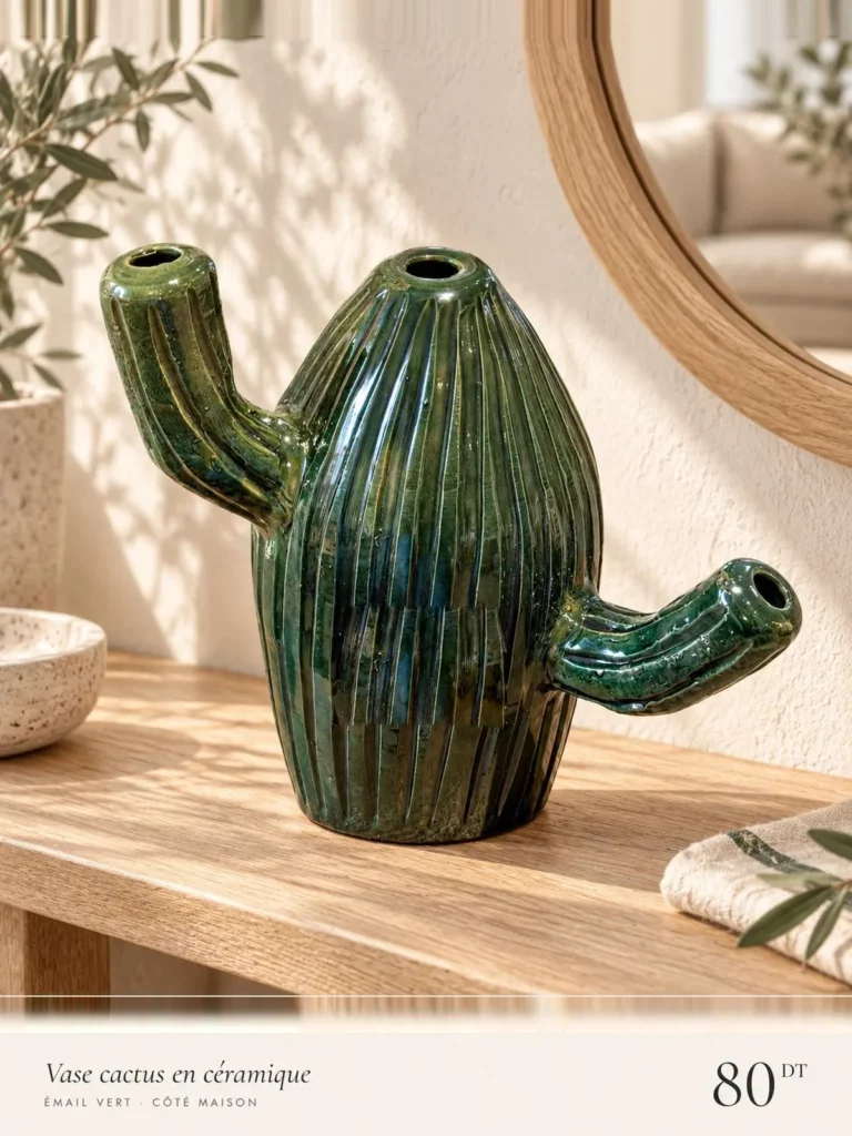 Vase cactus en céramique émaillée verte, sur une console en chêne clair.
