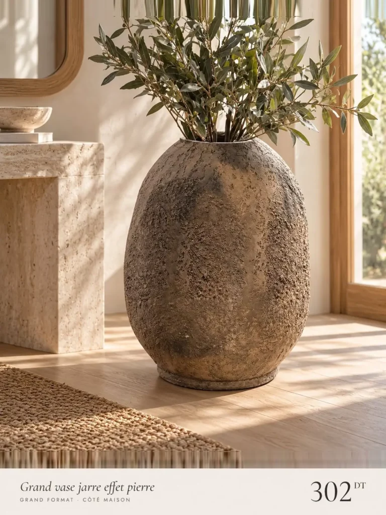 Grand vase jarre brun effet pierre avec branches d’olivier, sur un sol en bois clair.