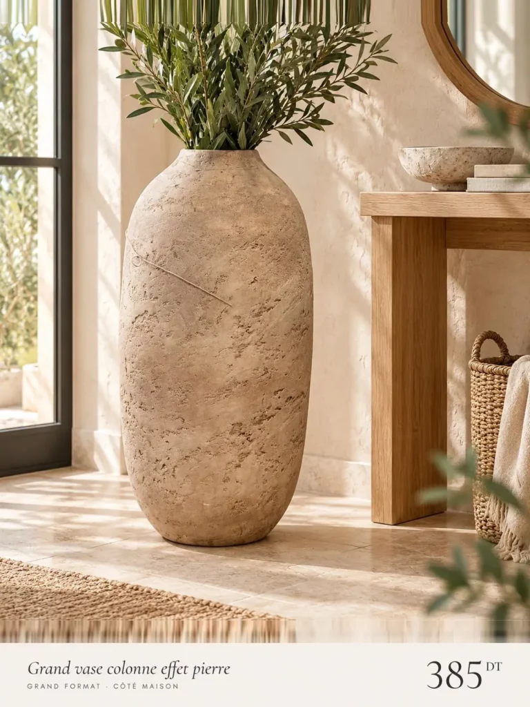 Grand vase colonne beige effet pierre avec branches d’olivier, près d’une console en bois.