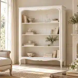 Bibliothèque Duchesse blanc patiné dans un salon