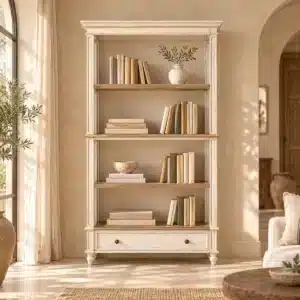 Bibliothèque Sissi ivoire patinée dans un salon aux murs beige