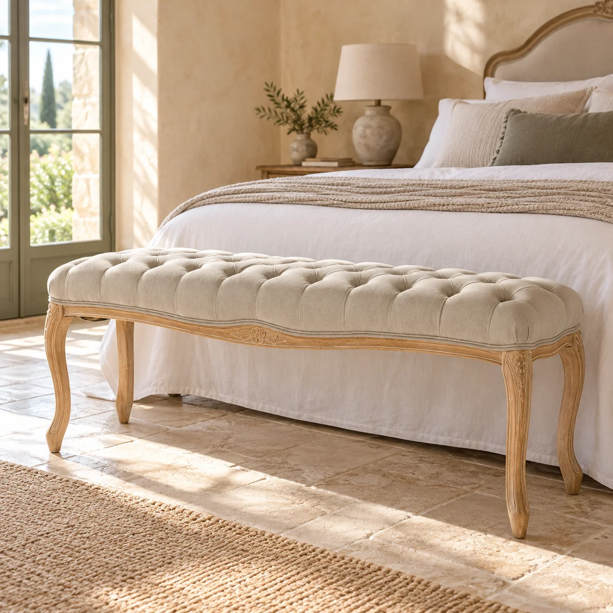 Bout de lit Louis XV beige en bois dans une chambre claire