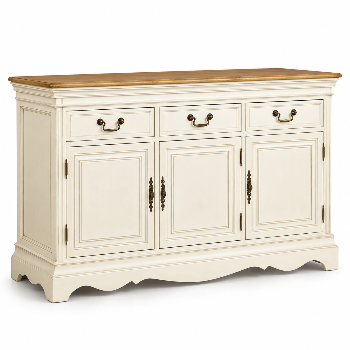 Buffet Flora trois portes ivoire à plateau bois sur fond blanc
