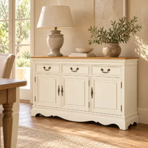 Buffet Flora trois portes ivoire et bois dans une salle à manger