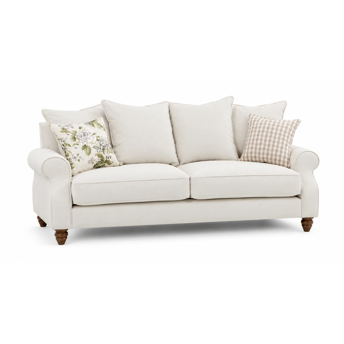 Canapé Elisabeth sur fond blanc, avec ses coussins décoratifs