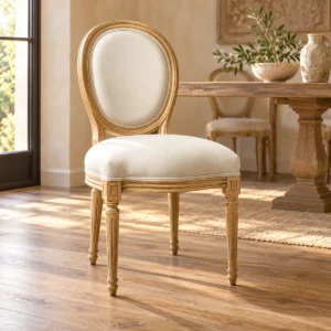Chaise Médaillon en bois naturel et tissu ivoire dans une salle à manger