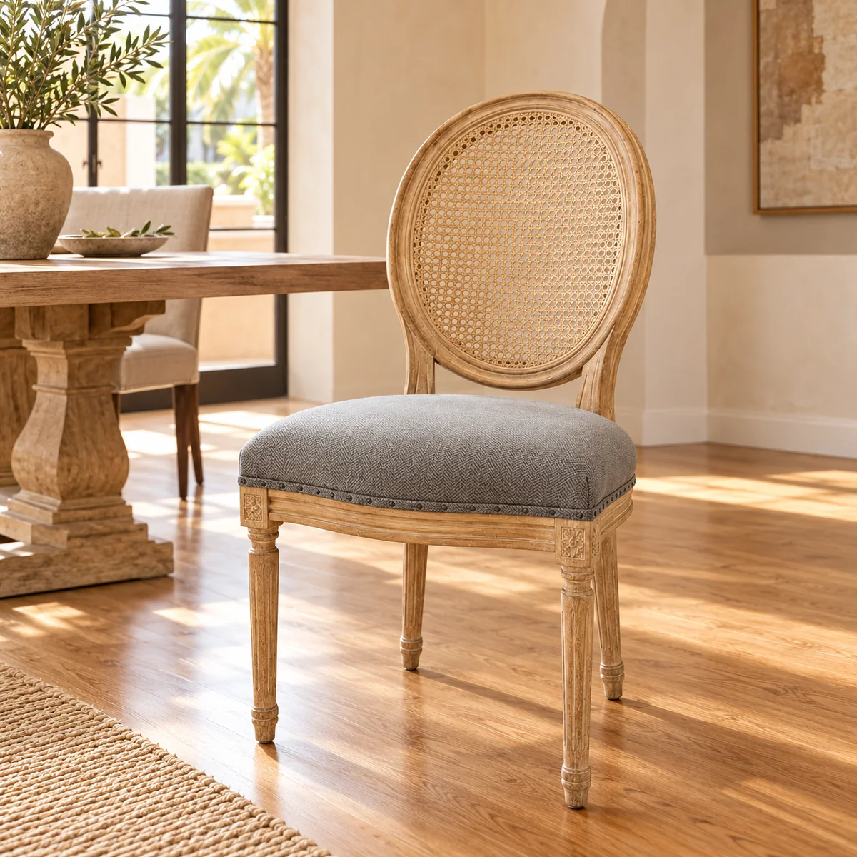 Chaise Médaillon cannée en bois et tissu gris dans une salle à manger
