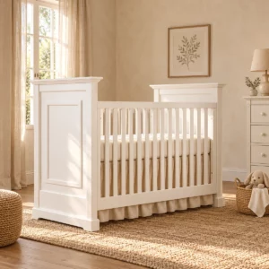 Lit bébé Camille blanc dans une pièce aux murs beige
