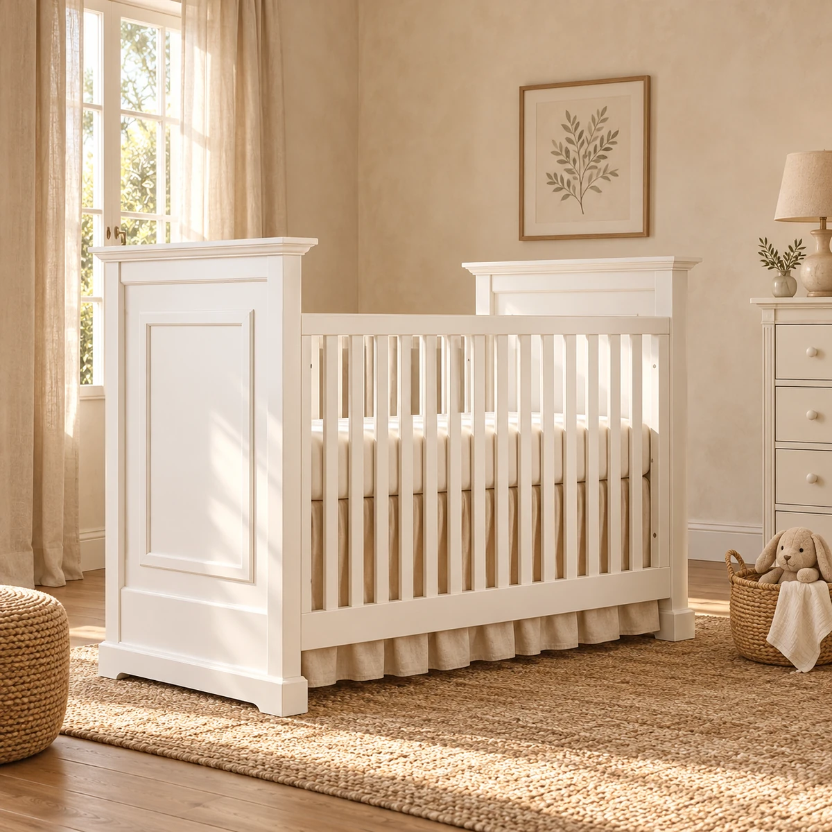 Lit bébé Camille blanc dans une pièce aux murs beige