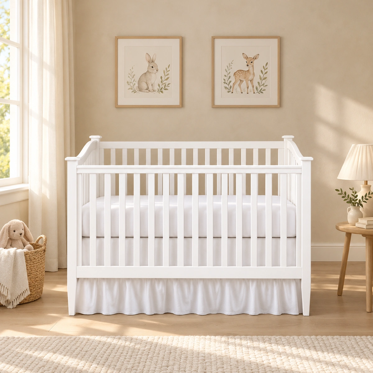 Lit bébé Juliette blanc dans une pièce aux murs beige