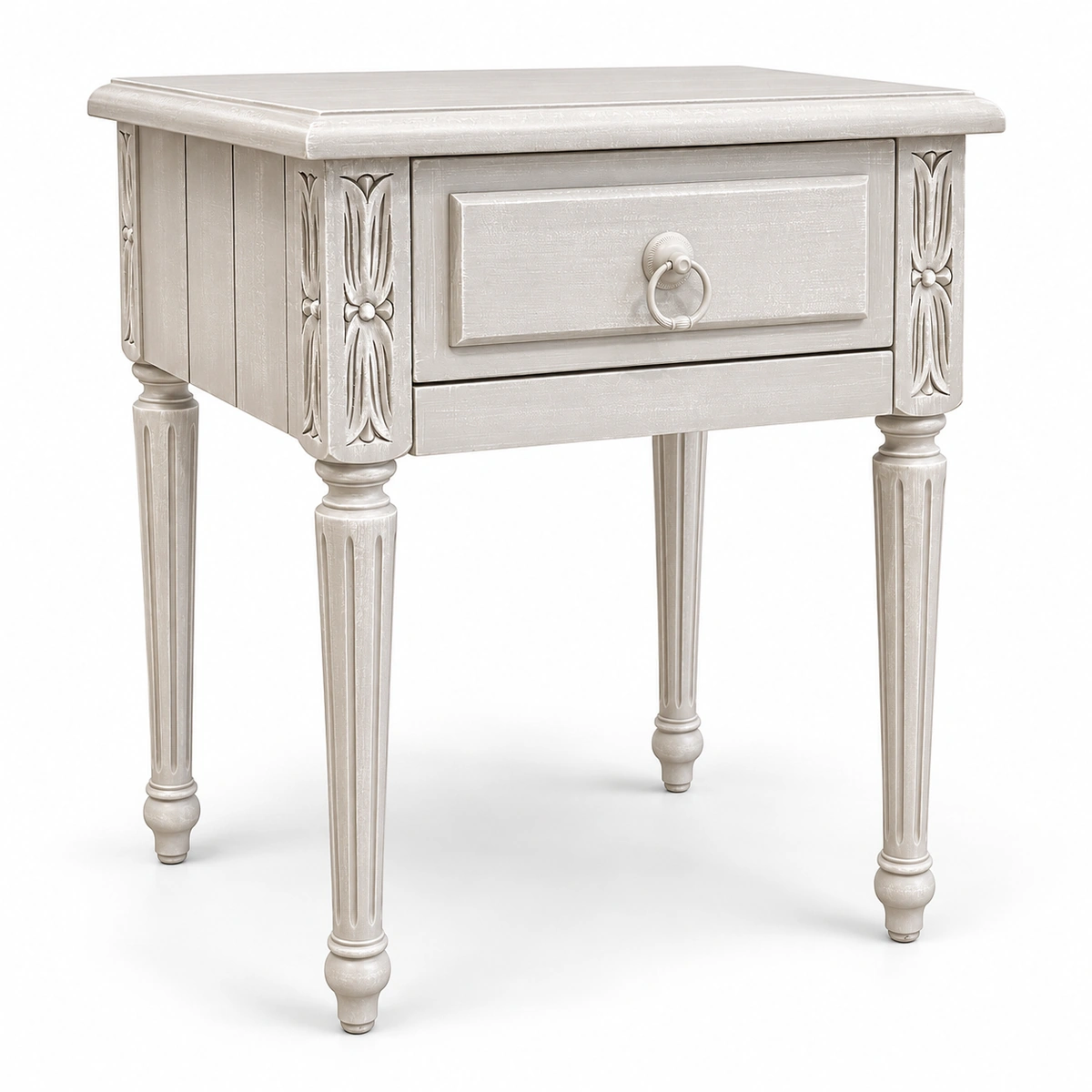 Chevet Louis XVI patiné blanc cassé à un tiroir sur fond blanc