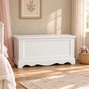 Coffre Flora blanc dans une chambre aux murs beige