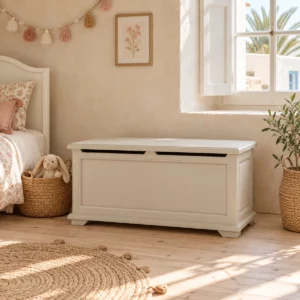 Coffre simple grège clair dans une chambre aux murs beige