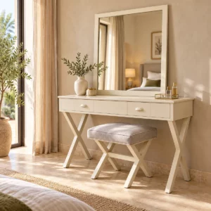 Coiffeuse croisée ivoire avec miroir et tabouret dans une chambre beige