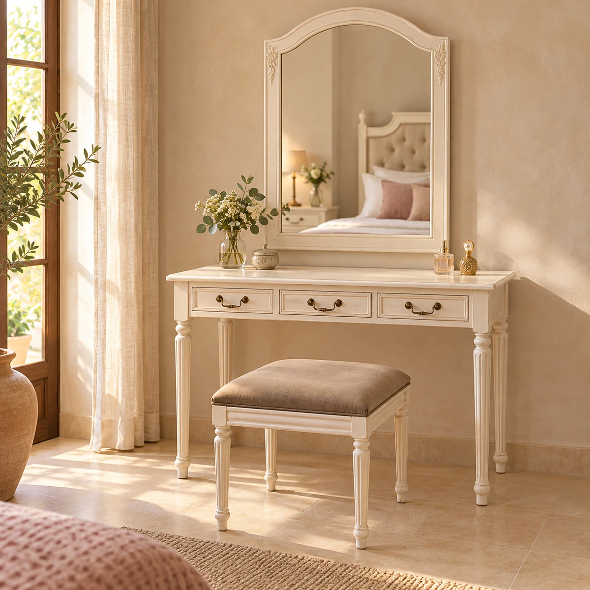 Coiffeuse et pouf Louis XVI ivoire avec miroir dans une chambre beige