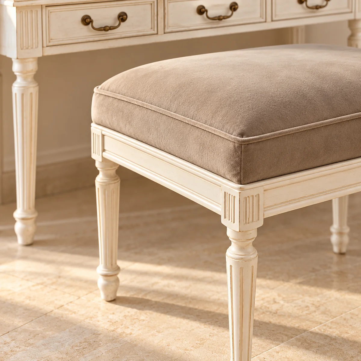 Pouf Louis XVI taupe avec passepoil et pieds cannelés ivoire