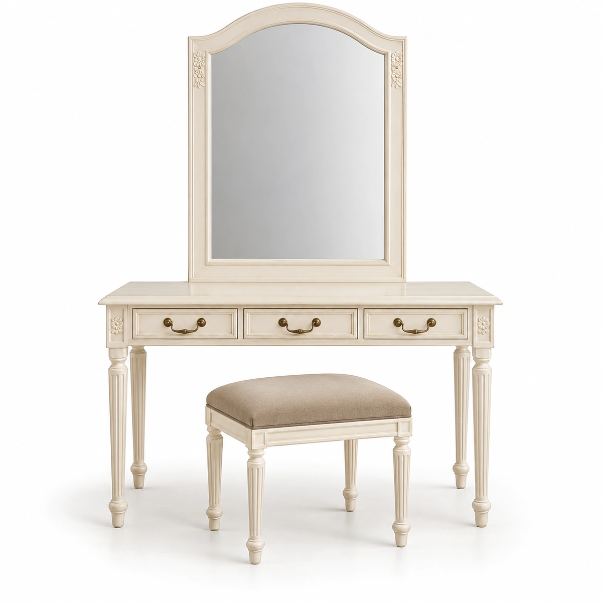 Coiffeuse et pouf Louis XVI ivoire sur fond blanc