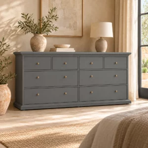 Commode à huit tiroirs grise dans une chambre aux murs beige