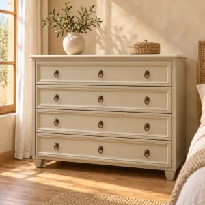 Commode Filippe ivoire patinée dans une chambre aux murs beige