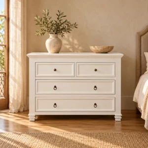 Commode George V blanche dans une chambre aux murs beige