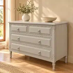 Commode Louis 16 NM gris perle patiné dans une chambre beige