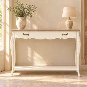 Console Alyne ivoire et bois naturel dans une entrée beige