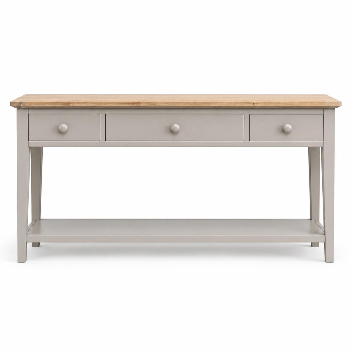 Console Boudoir grise à trois tiroirs sur fond blanc