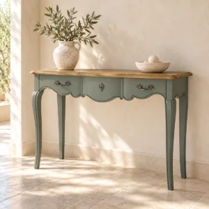 Console Flora vert gris et bois dans une entrée beige