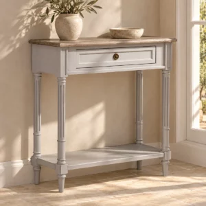 Console Louis XVI grise avec plateau bois dans une entrée beige