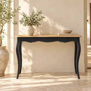Console Sofia noire et bois clair dans une entrée beige