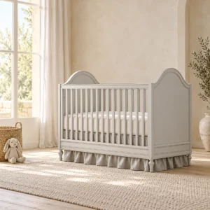 Lit bébé Natalie gris clair dans une chambre beige