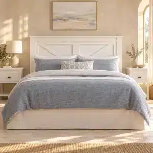 Lit croisé ivoire avec literie gris bleu dans une chambre beige
