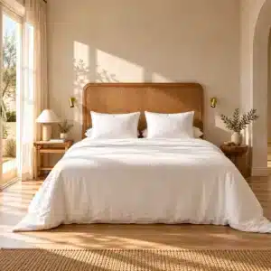 Lit Donna en bois miel et cannage dans une chambre beige