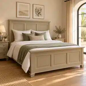 Lit George V beige taupe dans une chambre aux murs clairs