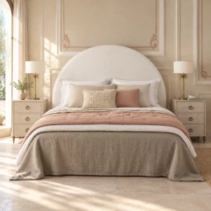 Lit Ivoire avec tête arrondie claire dans une chambre beige