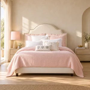 Lit Jasmin clouté ivoire et literie rose dans une chambre beige