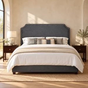 Lit Lorenzo gris anthracite dans une chambre aux murs beige