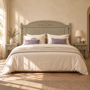 Lit Louis XVI gris taupe patiné dans une chambre beige