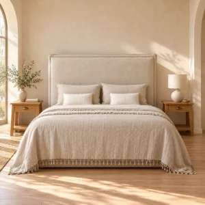 Lit Louiz en lin beige dans une chambre aux murs clairs