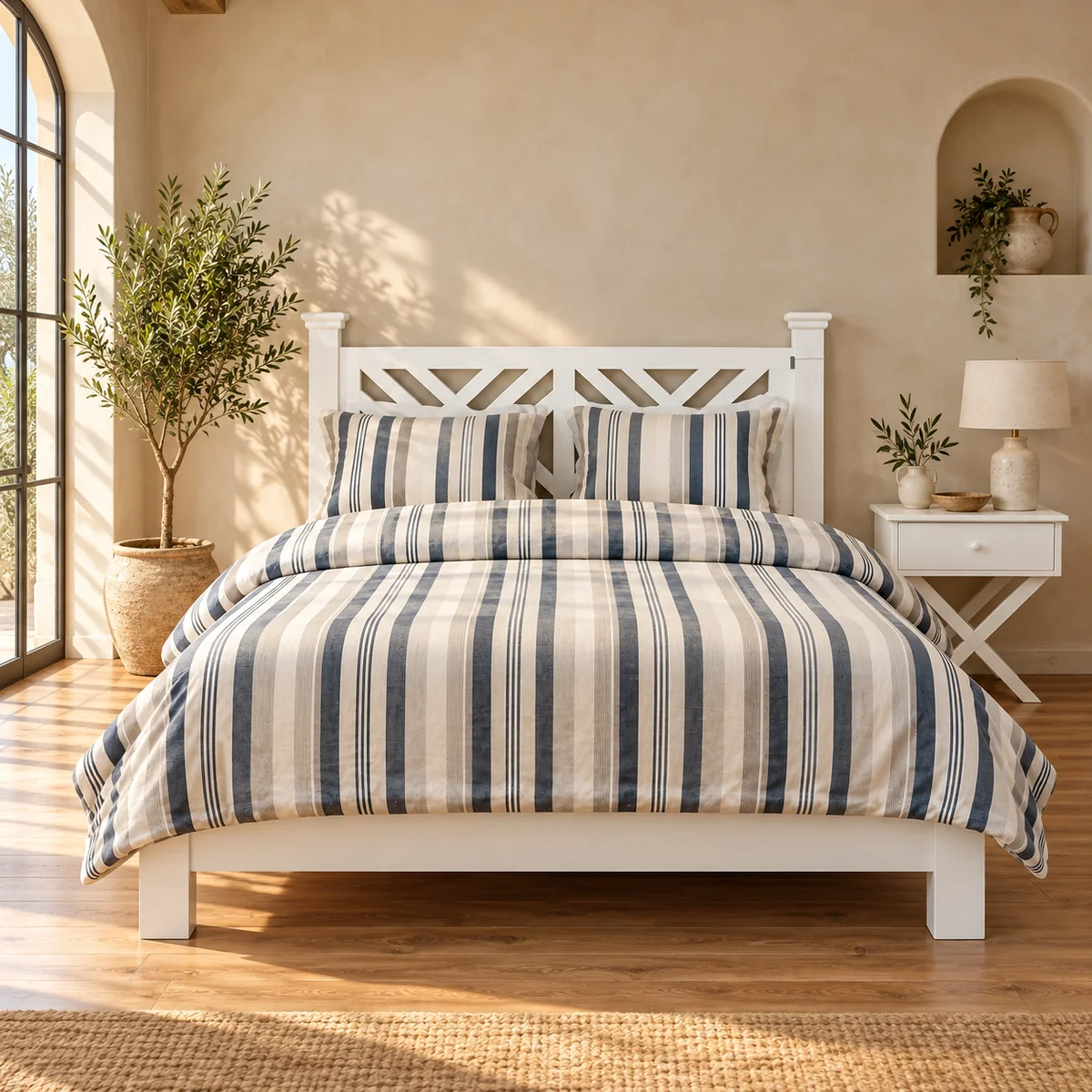 Lit Mirage en bois blanc et literie rayée dans une chambre beige