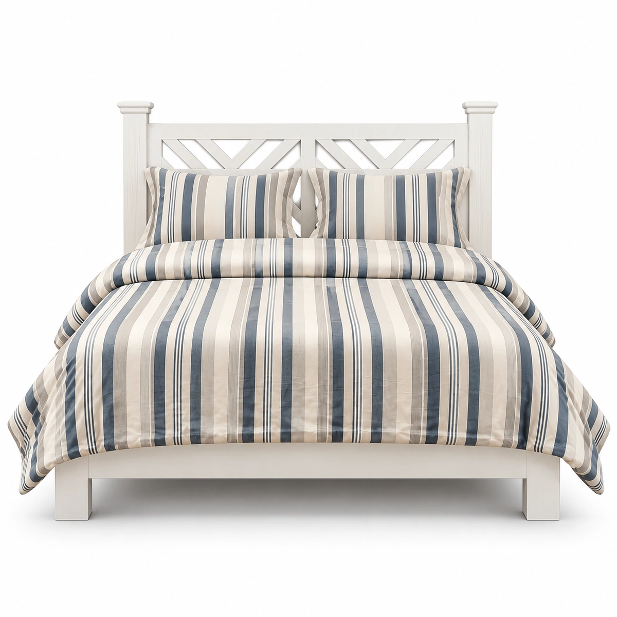 Lit Mirage blanc avec literie rayée bleu gris sur fond blanc