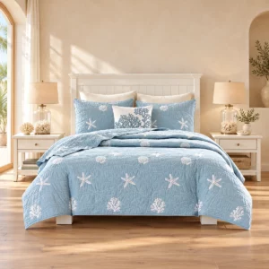 Lit Prinstone blanc avec literie bleu ciel dans une chambre beige