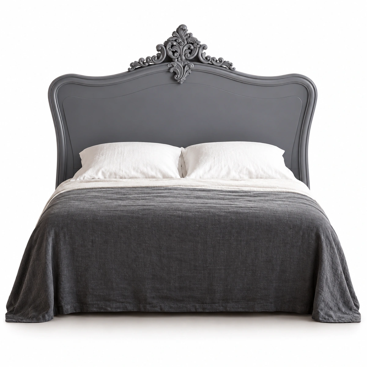 Lit Queen gris ardoise et literie sombre sur fond blanc