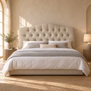 Lit Sarrah beige clair à tête capitonnée dans une chambre beige