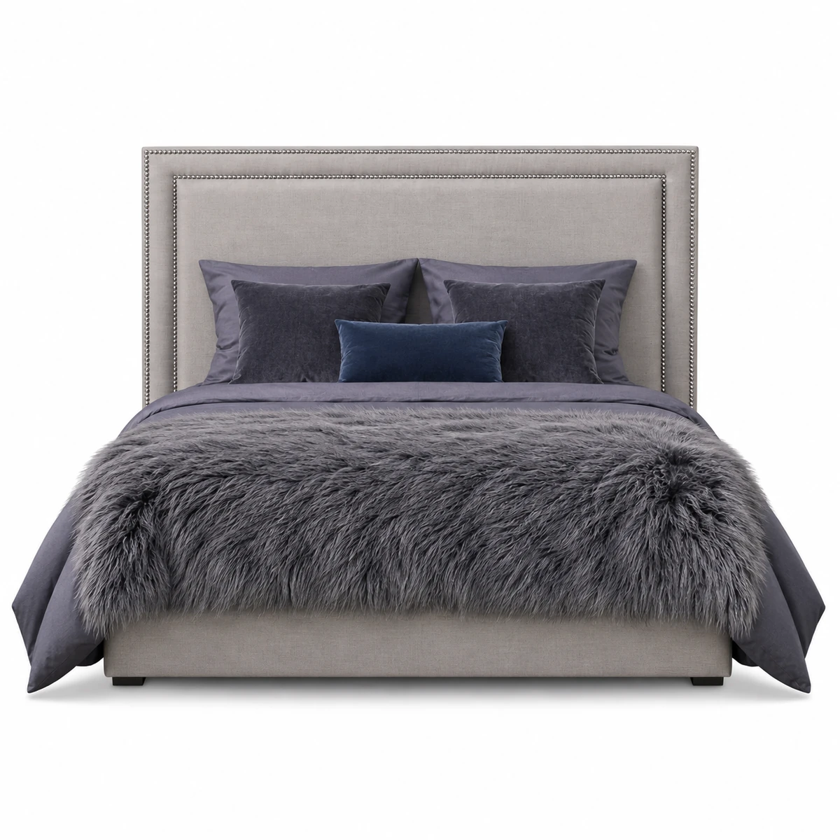 Lit Sophia gris et literie anthracite sur fond blanc