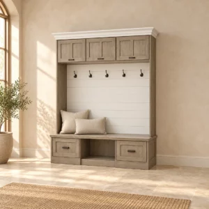 Meuble d’entrée Isabelle en bois gris et blanc avec banquette